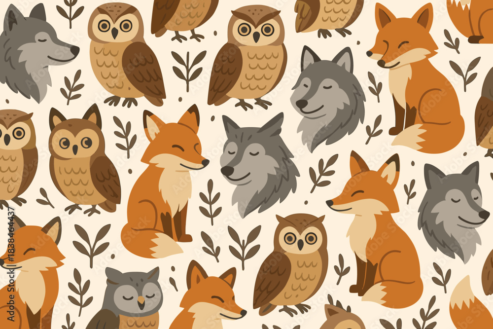 Fototapeta Many animals such as foxes and owls together with leaves on a light background in a simple pattern