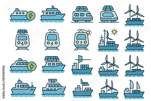 Different vehicles on water and land showing electric and renewable energy sources during daytime