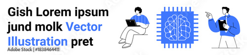 Artificial intelligence, data analysis, digital technology, innovation, education, brainstorming. Individuals interact with AI brain chip and laptop. Artificial intelligence, data analysis concept