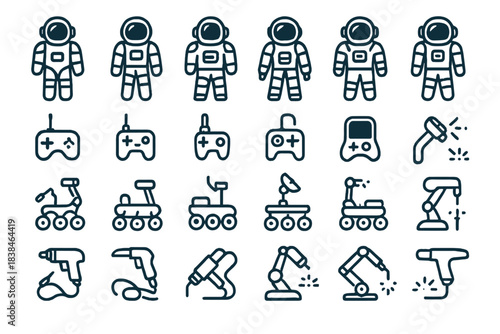 Various icons showing astronauts, gaming controllers, vehicles, and tools with a simple design on a plain background