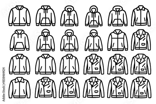 Collection of jackets and hoodies with simple designs arranged in rows on a plain background