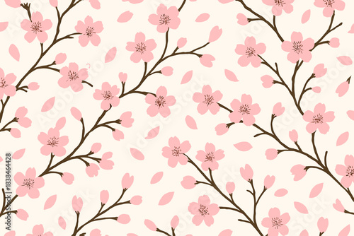Cherry blossom branches with pink flowers and falling petals against a light background during spring season