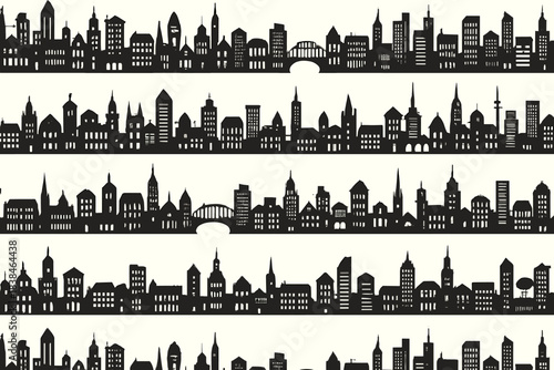 City skyline silhouette design featuring buildings and bridges along the horizon in a repeating pattern