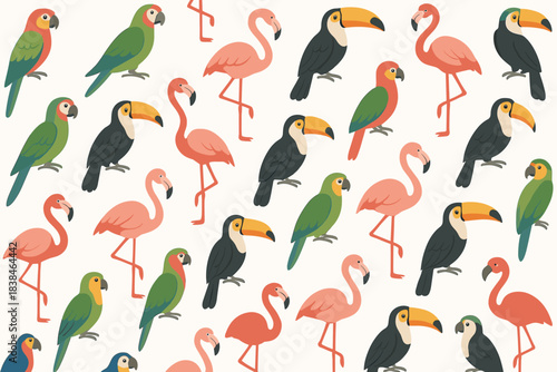 Colorful birds are arranged in a repeating pattern with various species and colors on a light background in a tropical setting