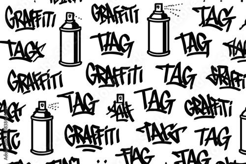 Graffiti art patterns with spray paint cans and tags on a white background representing street culture