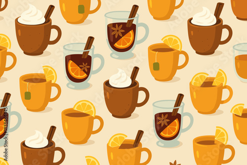 Warm drinks in different mugs with spices and fruits on a light background showing seasonal flavors for cozy moments