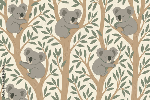 Koalas in trees resting among branches and leaves during a sunny day in Australia