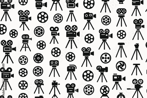 Many black film cameras and reels on a white background showing various shapes and positions in a simple pattern