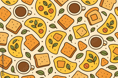 Colorful pattern showing breakfast items like omelets, toast, and coffee on a beige background