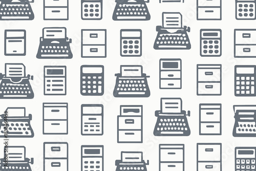 Pattern of office tools including typewriters, calculators, and filing cabinets in a simple design on a light background