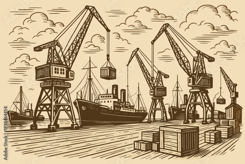 Crane operation at a busy port during the day with ships and containers being loaded