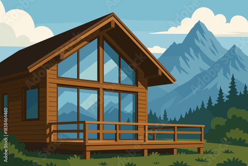 Wooden house with large windows in forested area near mountains on a clear day