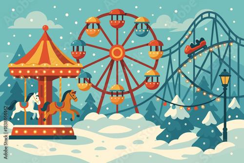 Festive winter scene at an amusement park featuring rides and snow-covered landscape in the daytime