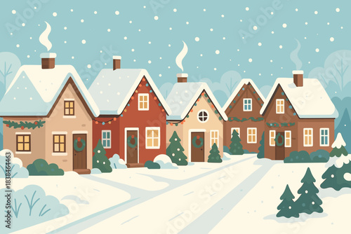 Snow covers houses in a small town with trees and decorations during winter time