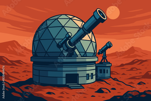 Mars observatory with telescopes under a red sky during sunset