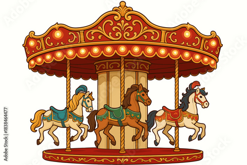 Colorful carousel with horses turning around in a playful amusement park setting during the daytime