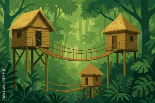 Tree houses connected by wooden bridges are located in a dense tropical forest during the daytime