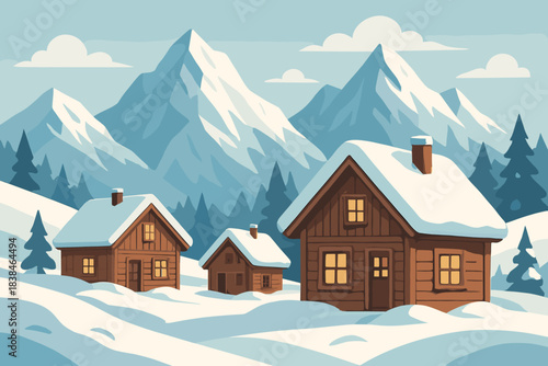 Snow covers wooden houses in a mountain village during winter time with tall peaks in the background and soft clouds above