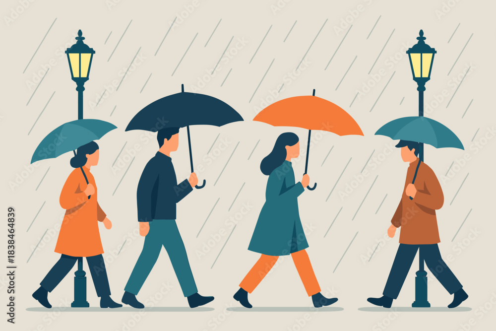 custom made wallpaper toronto digitalGroup of four people walking under umbrellas in the rain on a city street with lamp posts during a rainy day