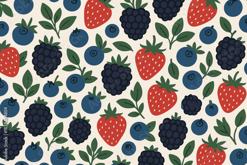 Pattern featuring various fruits including strawberries, blueberries, and blackberries on a light background