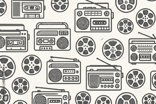 Various vintage audio devices and film reels displayed in a pattern on a light background featuring different designs and shapes