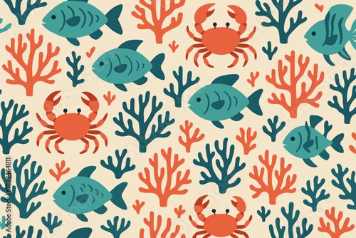 Colorful ocean scene with fish and crabs among coral in a lively underwater setting