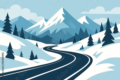 Winding road through snowy mountains and pine trees on a clear day
