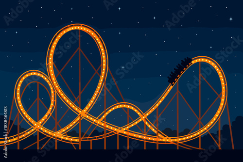 Riders enjoy a thrilling experience on a roller coaster during a night event with bright lights and a starry sky
