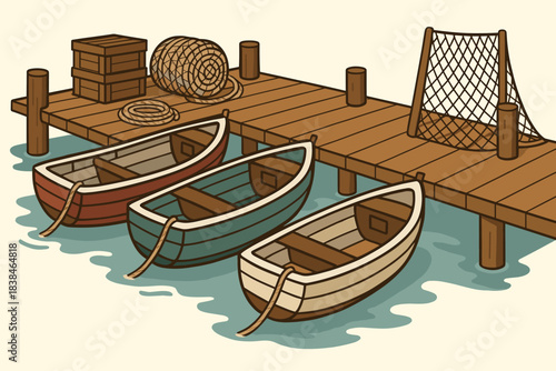 Boats docked at a wooden pier with fishing gear and crates near a water body during a bright daytime scene