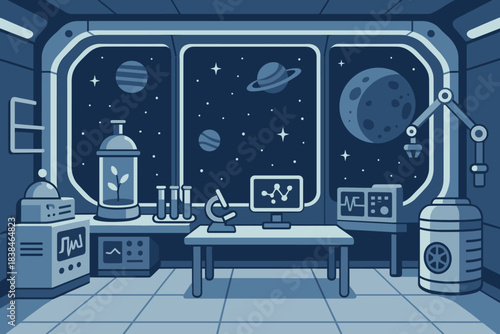 Scientist works in a futuristic lab with large windows showing outer space and planets near the desk with equipment and glassware