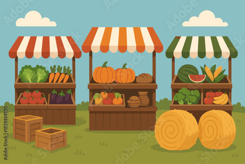 Fresh produce stands display fruits and vegetables in a market setting under a bright sky