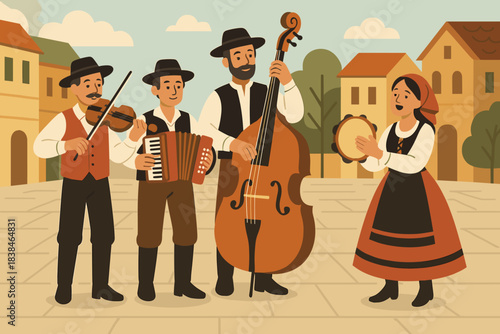 Musicians play traditional tunes in a town square during a lively festival gathering in the afternoon sunlight