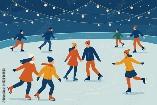Ice skating at night with friends under string lights in a festive atmosphere in a winter setting