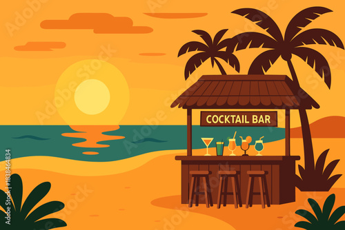 Colorful cocktail bar by the beach at sunset with palm trees and ocean view