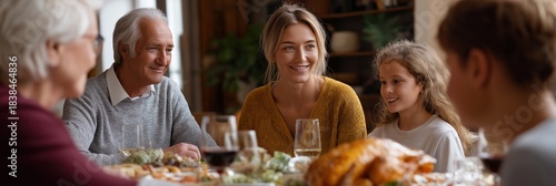 Family gathering with caucasian adults and children enjoying thanksgiving meal