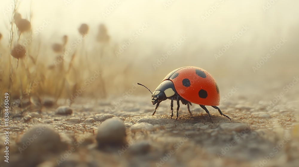 Obraz premium Ladybug on rocky ground with dry plants in the background at sunset