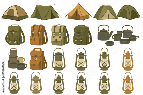 Collection of camping gear showing tents, backpacks, cooking items, and lanterns arranged in a simple layout at a campsite setting