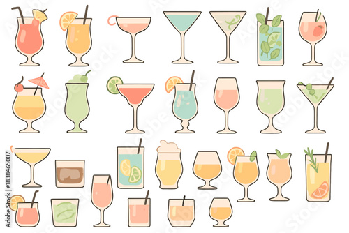 Various drinks displayed on a table with different shapes, colors, and garnishes at an outdoor gathering