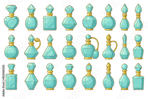 Various shapes of blue glass bottles displayed on a white background with decorative designs and unique tops