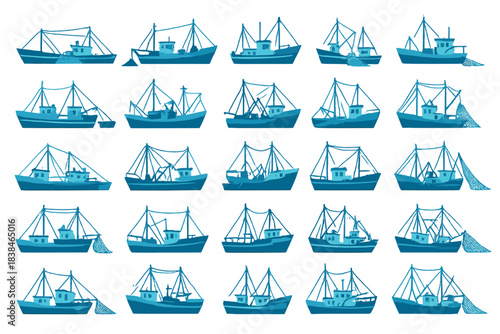 Fishing boats gather together in various positions and activities in a colorful maritime scene on a clear day