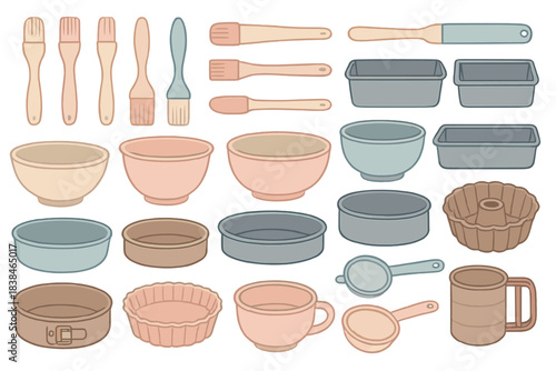 Various kitchen tools and utensils arranged in an organized pattern for cooking and baking purposes
