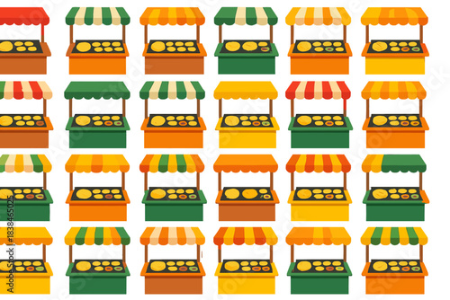 Various food stalls with colorful awnings display different dishes in a market setting during the daytime