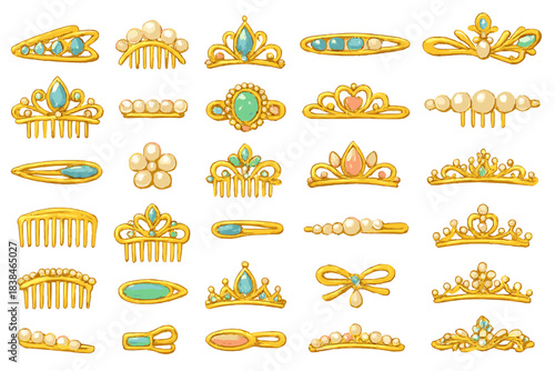 Various hair accessories displayed in different styles and colors on a simple background for decoration or fashion