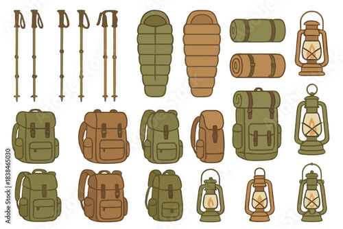 Collection of camping gear including backpacks, sleeping bags, lanterns, and hiking poles arranged in a flat layout for outdoor activities
