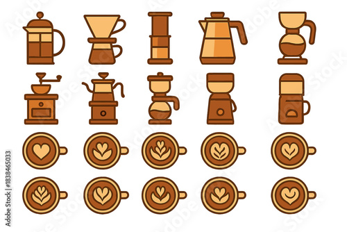 Various coffee brewing tools and cup designs arranged in a grid, showing different methods of preparing coffee drinks