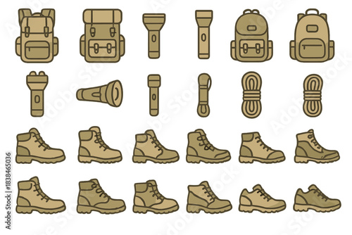 Collection of outdoor gear including backpacks, flashlights, ropes, and hiking boots arranged in a pattern for adventure enthusiasts