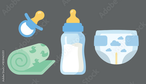 Baby care essentials set with pacifier, bottle, blanket and diaper vector illustration