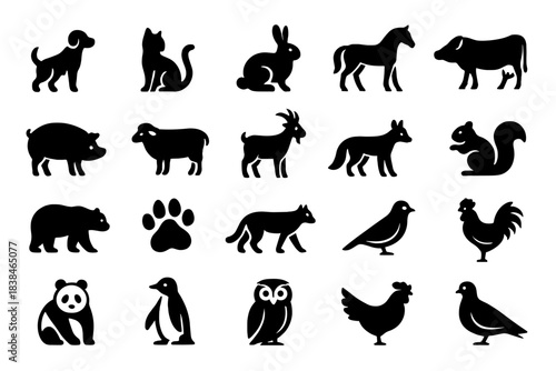 Various animal silhouettes in black displayed in a grid format showcasing diverse species and shapes