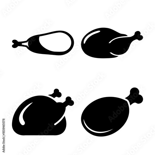 Roast chicken whole bird and drumstick meat food icon set vector