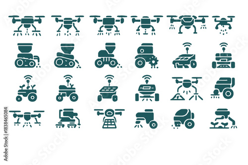 Drones and farm equipment working together for agriculture in various tasks to improve productivity
